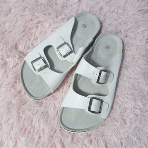 white buckle sandals